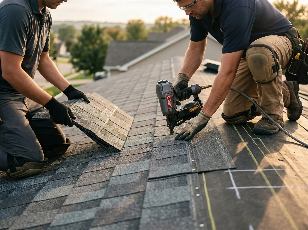 Professional roofer working on a residential roof in Petoskey